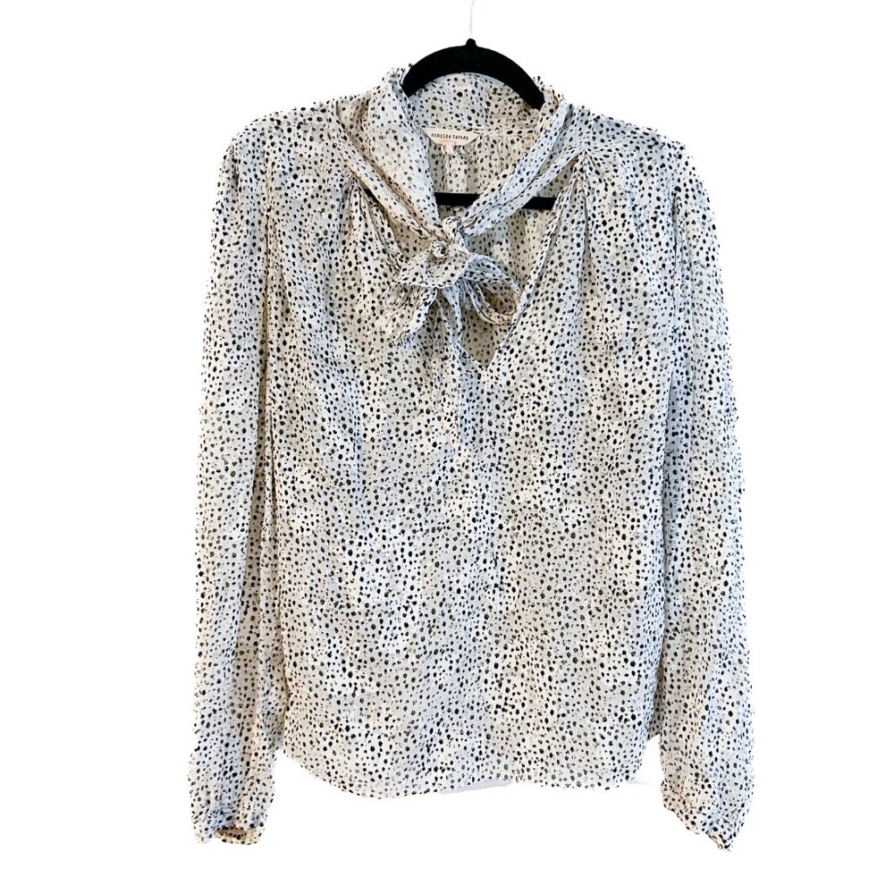 REBECCA TAYLOR Silk Tie Neck Snow Leopard Print Long Sleeve Blouse SZ12 - Picture 2 of 13